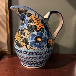 Blue & Yellow Polish Pottery Pitcher